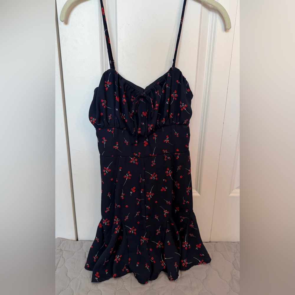Blue Rain Navy Blue Romper with Red Floral Print
